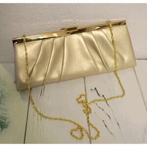 Jessica McClintock Gold Handbag Purse Chain Vegan Leather Clutch Prom Wedding